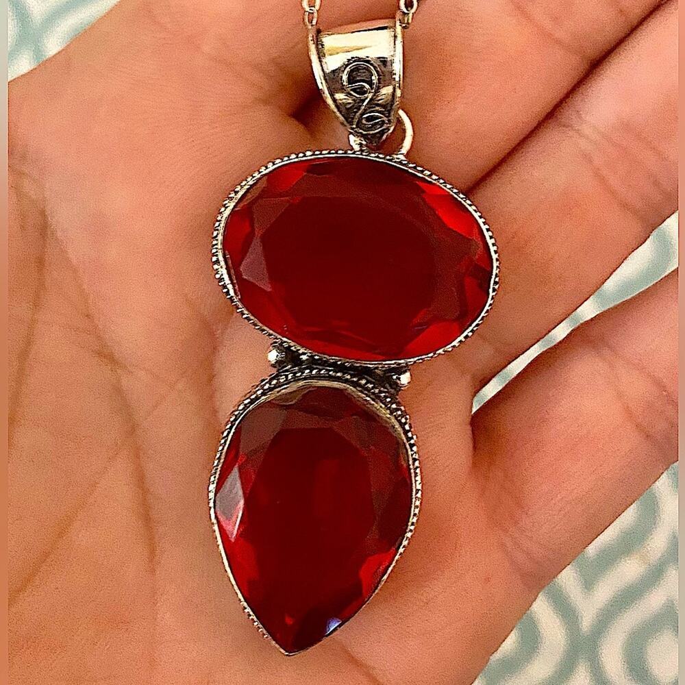 Antique Ruby Pendant Necklace, Sterling Silver, Double Gemstone, Stateme… - Picture 10 of 11